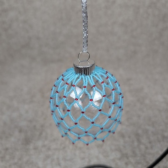 Handmade Beaded Christmas Ornament Blue Red Clear Plastic Ball Holiday Decor - Picture 3 of 4